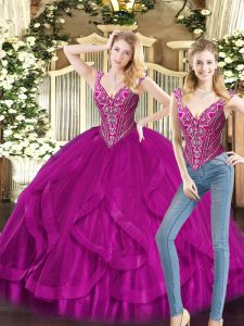 Clearance Beading and Ruffles Ball Gown Prom Dress Fuchsia Lace Up Sleeveless Floor Length