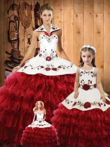 Exquisite Sleeveless Floor Length Embroidery and Ruffles Lace Up Sweet 16 Quinceanera Dress with Wine Red