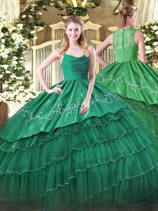 Glamorous Ball Gowns Party Dress Dark Green Straps Organza and Taffeta Sleeveless Floor Length Zipper