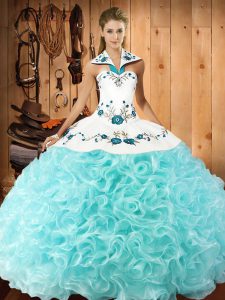 Sleeveless Fabric With Rolling Flowers Floor Length Lace Up Sweet 16 Dresses in Aqua Blue with Embroidery