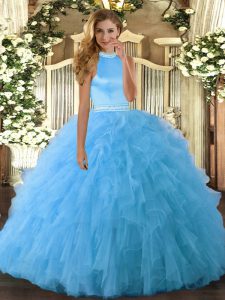 Discount Beading and Ruffles Sweet 16 Quinceanera Dress Baby Blue Backless Sleeveless Floor Length