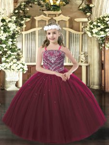 Ball Gowns Kids Formal Wear Burgundy Straps Tulle Sleeveless Floor Length Lace Up