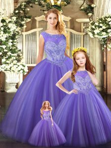 Floor Length Lavender Quince Ball Gowns Scoop Sleeveless Lace Up