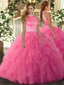 High End Floor Length Hot Pink Sweet 16 Dress Organza Sleeveless Beading and Ruffles