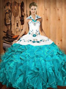 Delicate Aqua Blue Sleeveless Satin and Organza Lace Up Sweet 16 Dress for Military Ball and Sweet 16 and Quinceanera