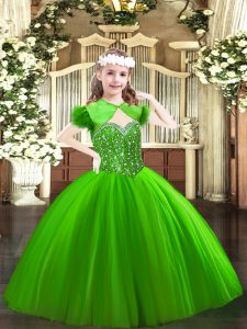 Green Ball Gowns Straps Sleeveless Tulle Floor Length Lace Up Beading Kids Pageant Dress