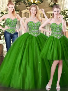 Elegant Dark Green Sleeveless Floor Length Beading Lace Up Quinceanera Dresses