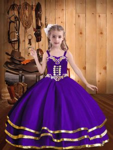 Custom Design Floor Length Eggplant Purple Pageant Dress Womens Organza Sleeveless Beading and Ruffled Layers
