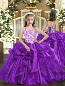 Stylish Floor Length Lace Up Little Girl Pageant Gowns Eggplant Purple for Party and Sweet 16 and Quinceanera and Wedding Party with Beading and Ruffles