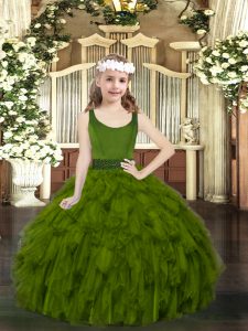 Floor Length Zipper Pageant Dress for Teens Olive Green for Party and Quinceanera with Beading and Ruffles