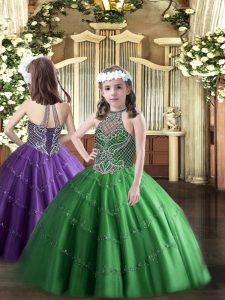 Inexpensive Green Lace Up Halter Top Beading Pageant Gowns Tulle Sleeveless