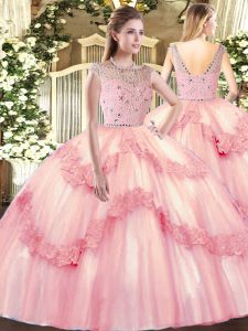 Bateau Sleeveless Tulle Ball Gown Prom Dress Beading and Appliques Zipper