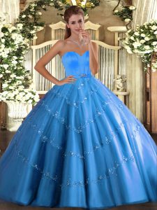 Baby Blue Tulle Lace Up Ball Gown Prom Dress Sleeveless Floor Length Beading and Appliques