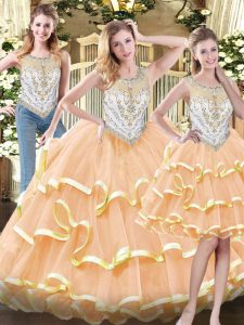 Peach Organza Zipper Scoop Sleeveless Floor Length Quinceanera Gown Beading and Ruffled Layers
