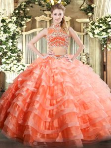 Beauteous Orange Red Two Pieces Beading and Ruffled Layers 15 Quinceanera Dress Backless Tulle Sleeveless Floor Length