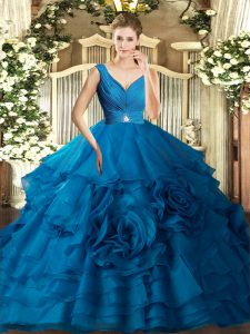 Floor Length Ball Gowns Sleeveless Blue Vestidos de Quinceanera Backless