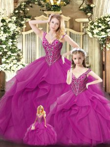 Fuchsia Sleeveless Floor Length Beading and Ruffles Lace Up Sweet 16 Dresses