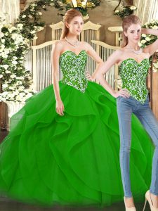 Super Green Lace Up Quince Ball Gowns Beading and Ruffles Sleeveless Floor Length
