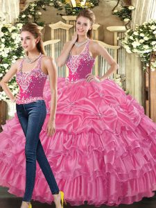 Straps Sleeveless Tulle Ball Gown Prom Dress Beading and Ruffles and Pick Ups Lace Up