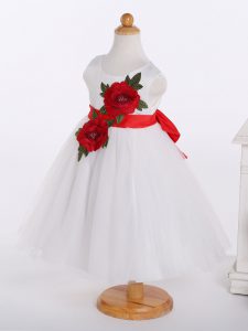 Best Sleeveless Zipper Knee Length Bowknot and Hand Made Flower Pageant Dress Womens