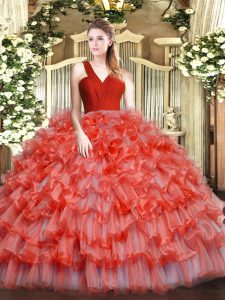 Coral Red Zipper Sweet 16 Quinceanera Dress Ruffled Layers Sleeveless Floor Length