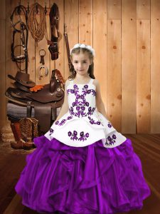 Eggplant Purple Straps Neckline Embroidery and Ruffles Custom Made Pageant Dress Sleeveless Lace Up