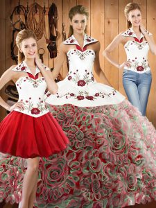 Multi-color Quinceanera Gowns Military Ball and Sweet 16 and Quinceanera with Embroidery Halter Top Sleeveless Lace Up