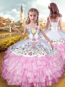 Floor Length Rose Pink Little Girls Pageant Gowns Organza and Taffeta Sleeveless Embroidery and Ruffled Layers