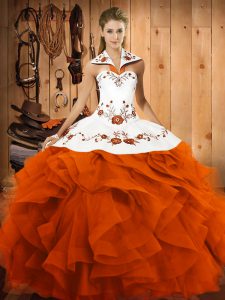 Orange Red Sleeveless Embroidery and Ruffles Floor Length Quinceanera Gown