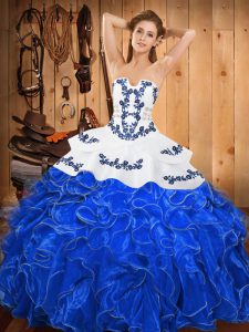 High Quality Blue And White Sleeveless Embroidery and Ruffles Floor Length Quinceanera Gowns