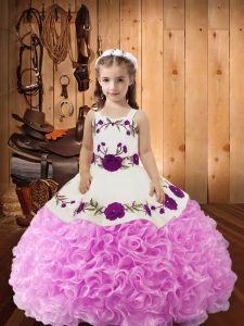 Stylish Lilac Fabric With Rolling Flowers Lace Up Straps Sleeveless Floor Length Kids Formal Wear Embroidery and Ruffles