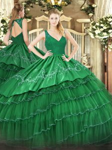 Sleeveless Backless Floor Length Beading and Lace and Embroidery and Ruffled Layers Ball Gown Prom Dress