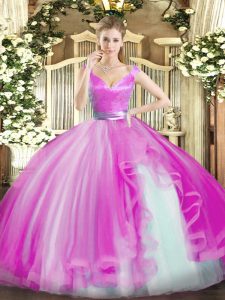 Fuchsia 15 Quinceanera Dress Military Ball and Sweet 16 and Quinceanera with Beading and Ruffles V-neck Sleeveless Zipper