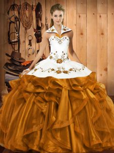 Sleeveless Satin and Organza Floor Length Lace Up Sweet 16 Dress in Brown with Embroidery and Ruffles