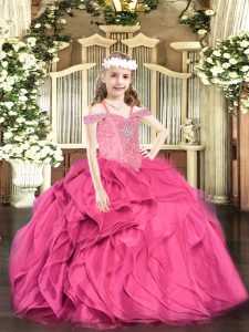 Floor Length Hot Pink Pageant Dress for Teens Organza Sleeveless Beading and Ruffles