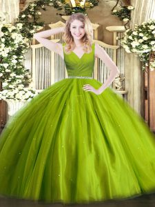 Floor Length Zipper Ball Gown Prom Dress Olive Green for Military Ball and Sweet 16 and Quinceanera with Beading