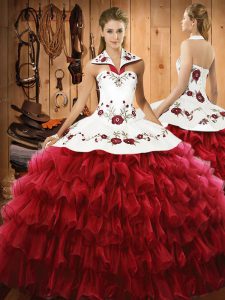 Floor Length Wine Red Quinceanera Dress Halter Top Sleeveless Lace Up