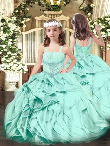 Apple Green Sleeveless Floor Length Beading and Ruffles Lace Up Little Girls Pageant Gowns
