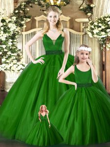 Ideal Green V-neck Zipper Embroidery Ball Gown Prom Dress Sleeveless