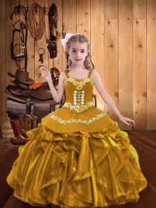 Eye-catching V-neck Sleeveless Pageant Dress Womens Floor Length Embroidery and Ruffles Gold Organza