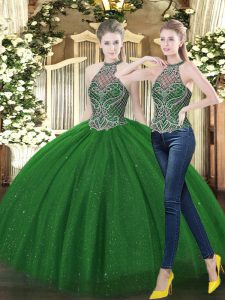 Dark Green Tulle Lace Up High-neck Sleeveless Floor Length 15 Quinceanera Dress Beading