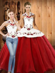 White And Red Ball Gowns Embroidery Sweet 16 Dresses Lace Up Organza Sleeveless Floor Length