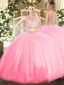 Fitting Baby Pink Tulle Zipper Scoop Sleeveless Floor Length Quince Ball Gowns Beading