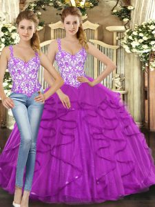 Fantastic Straps Sleeveless Tulle 15 Quinceanera Dress Beading and Ruffles Lace Up