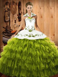 Olive Green Ball Gowns Embroidery and Ruffled Layers Quince Ball Gowns Lace Up Organza Sleeveless Floor Length