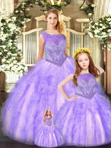 Perfect Lavender Ball Gowns Scoop Sleeveless Organza Floor Length Lace Up Beading and Ruffles Sweet 16 Quinceanera Dress