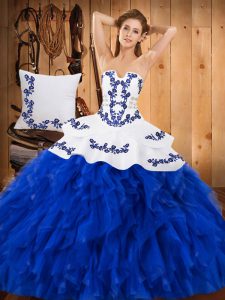 Ideal Blue And White Sleeveless Satin and Organza Lace Up Vestidos de Quinceanera for Military Ball and Sweet 16 and Quinceanera