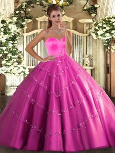 Hot Pink Tulle Lace Up 15 Quinceanera Dress Sleeveless Floor Length Beading and Appliques