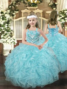 Floor Length Lace Up Little Girls Pageant Dress Wholesale Light Blue for Party and Quinceanera with Beading and Ruffles