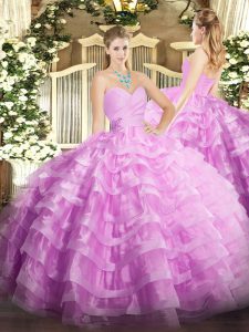 Superior Sleeveless Organza Floor Length Lace Up Sweet 16 Quinceanera Dress in Lilac with Beading and Ruffled Layers